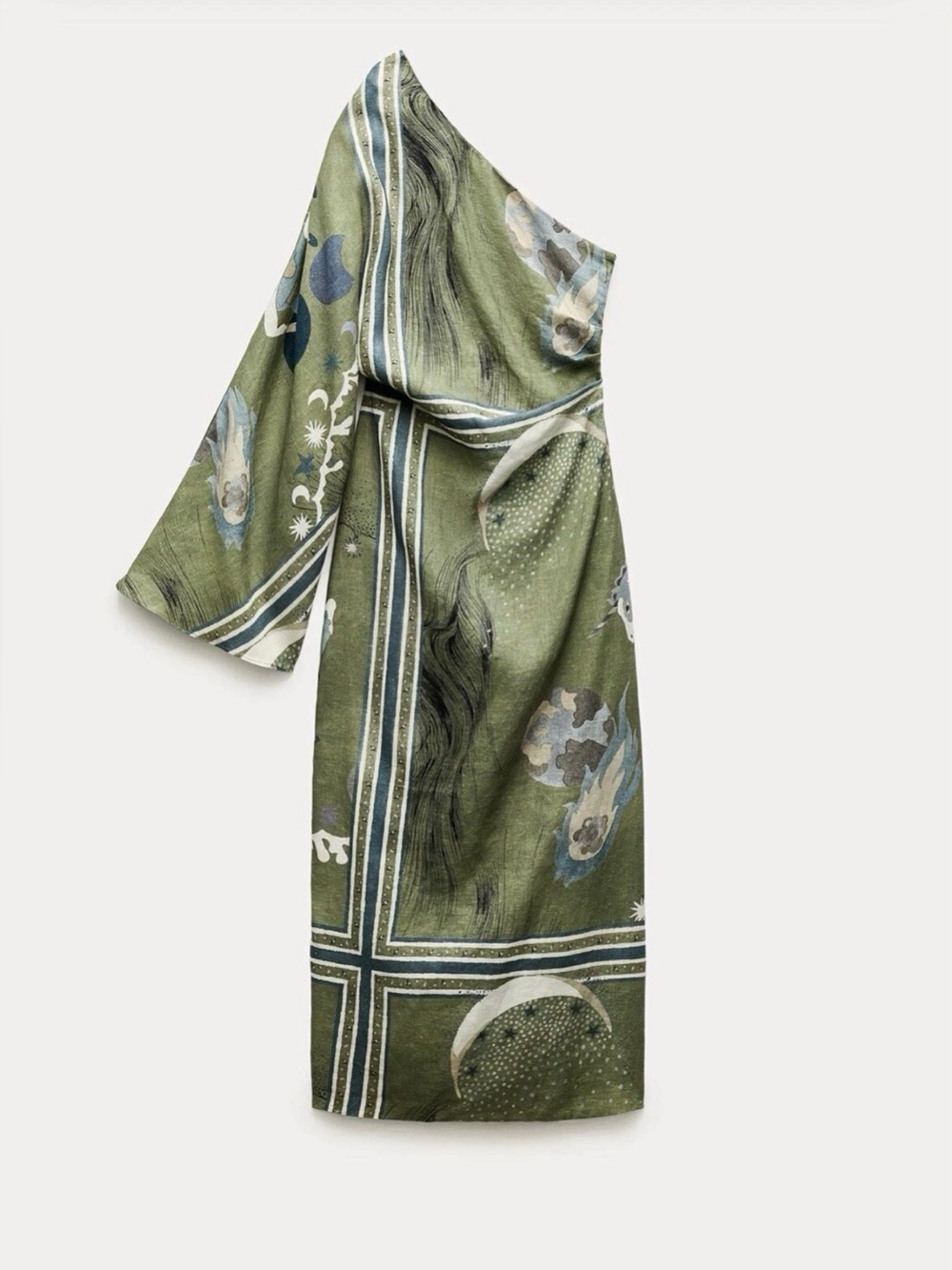 ZARA ZW Collection Printed Linen Asymmetric One Shoulder Midi Dress XL